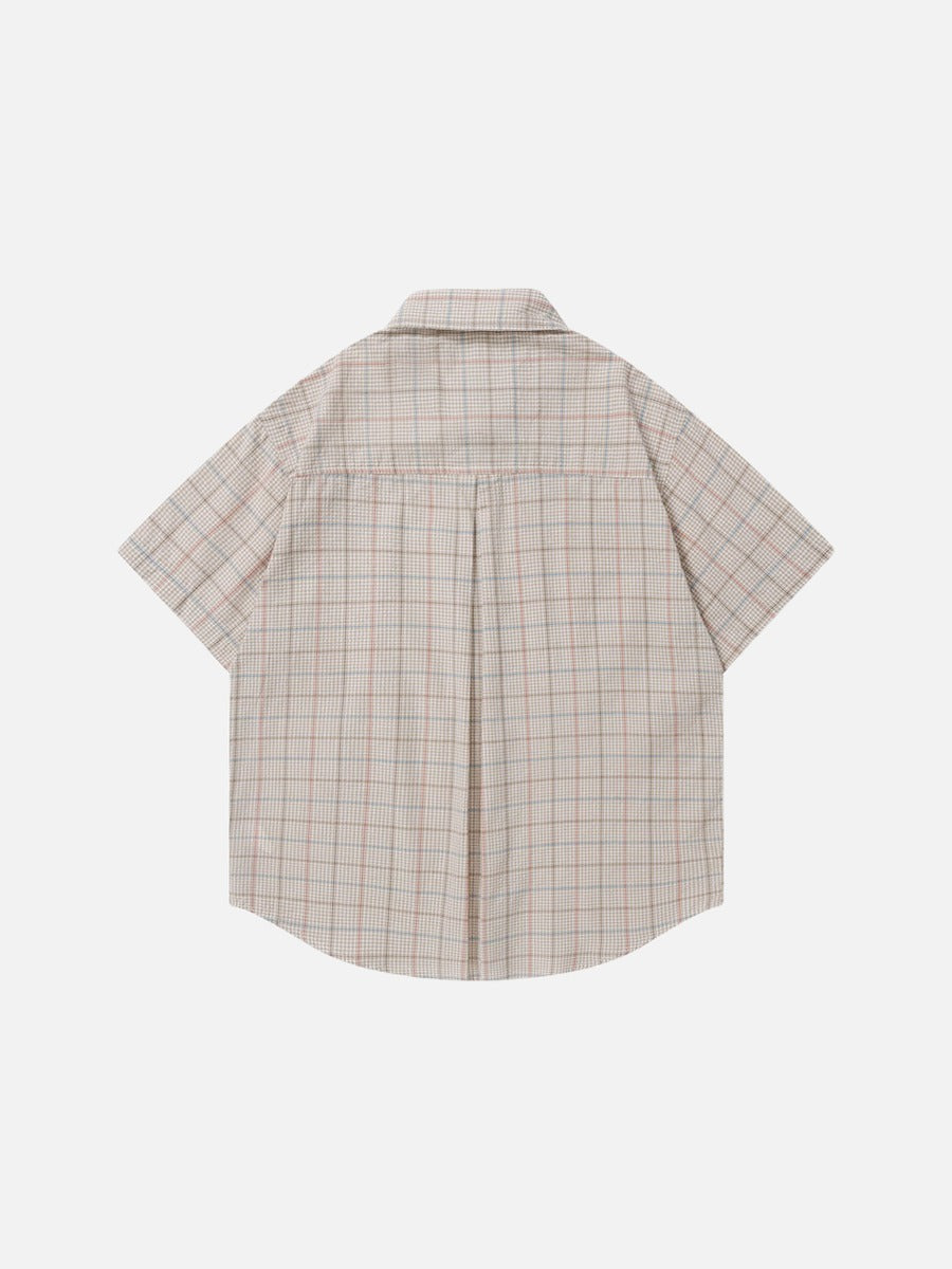 Cartoon-Embroidered Plaid Button-Up Shirt