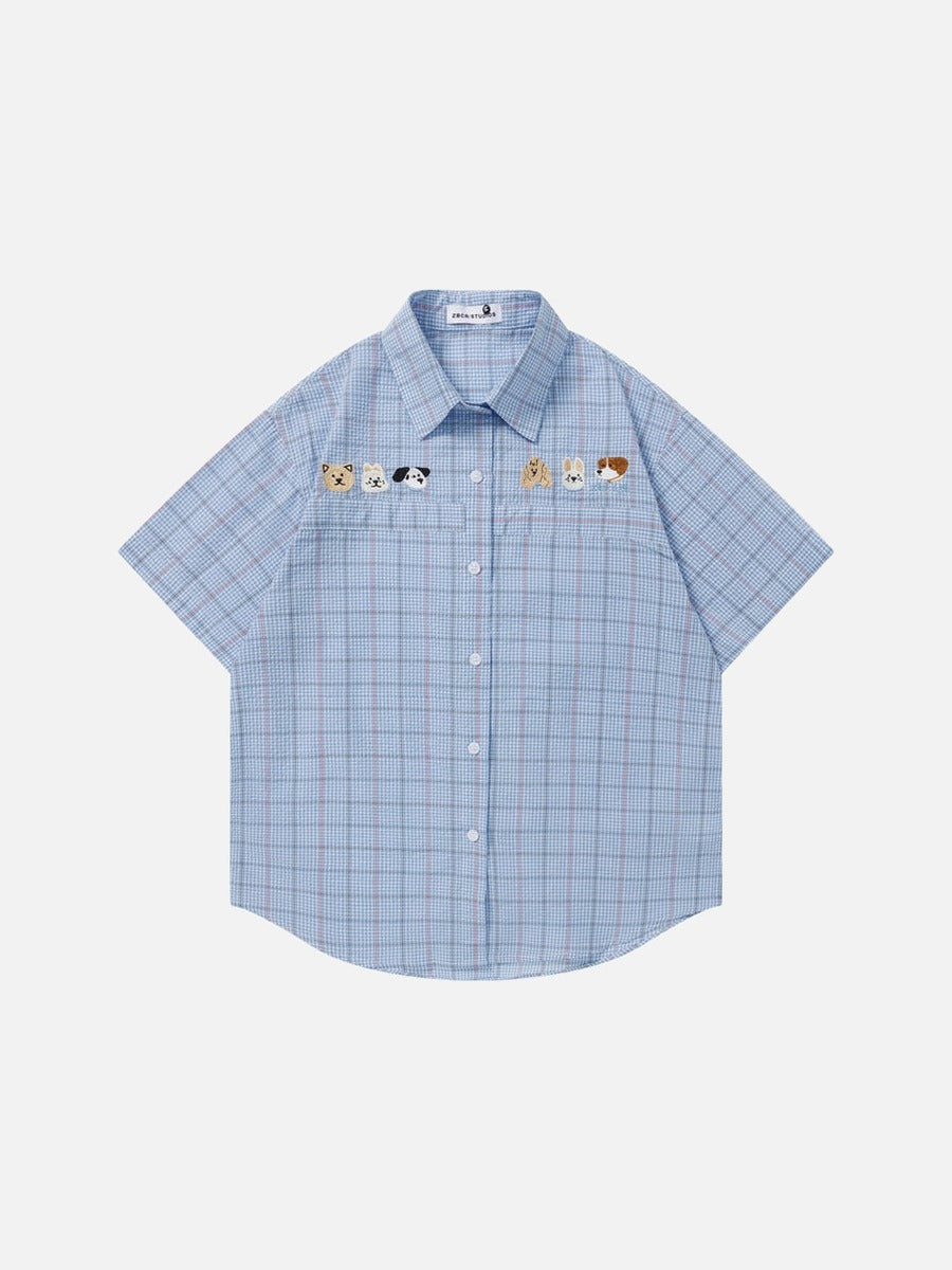 Cartoon-Embroidered Plaid Button-Up Shirt