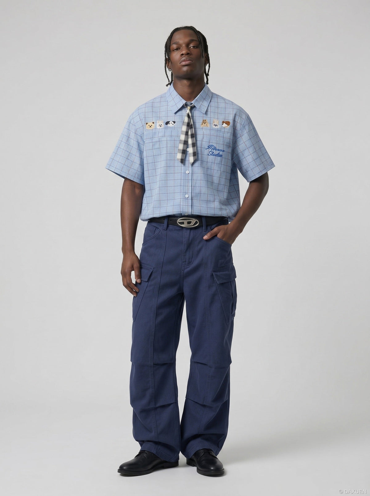 Cartoon-Embroidered Plaid Button-Up Shirt