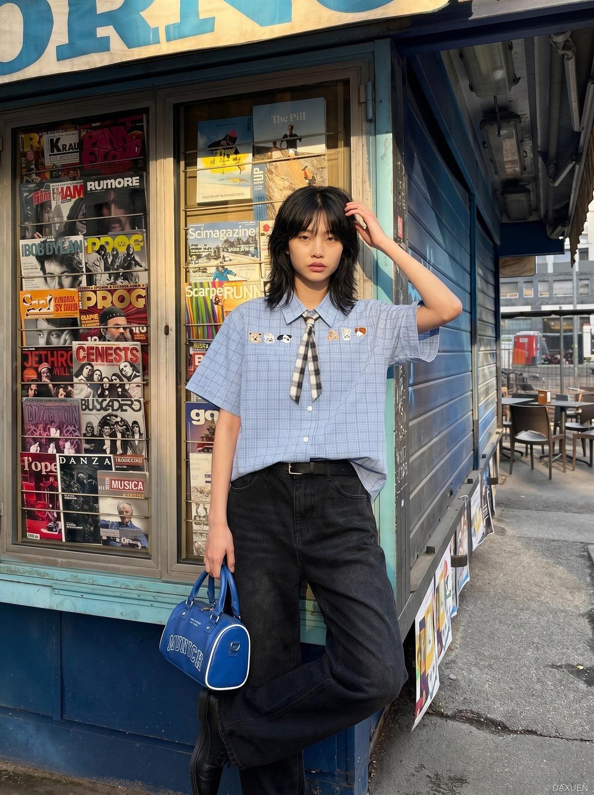 Cartoon-Embroidered Plaid Button-Up Shirt