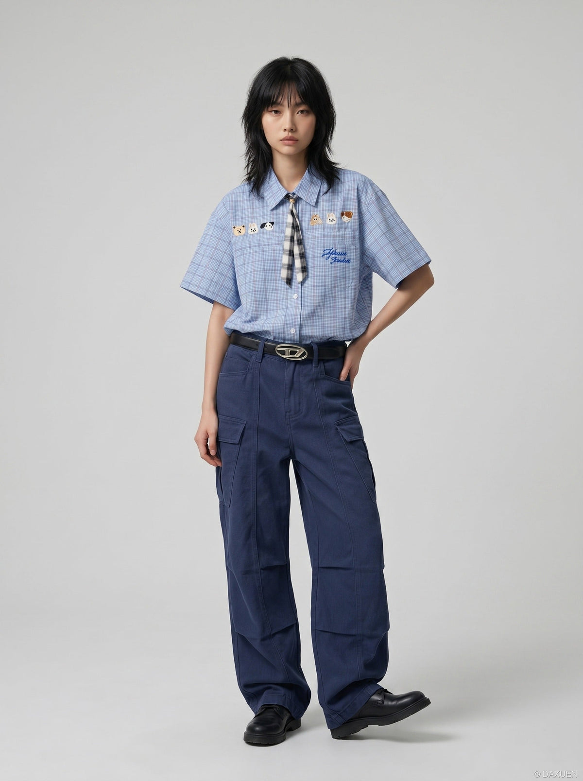 Cartoon-Embroidered Plaid Button-Up Shirt