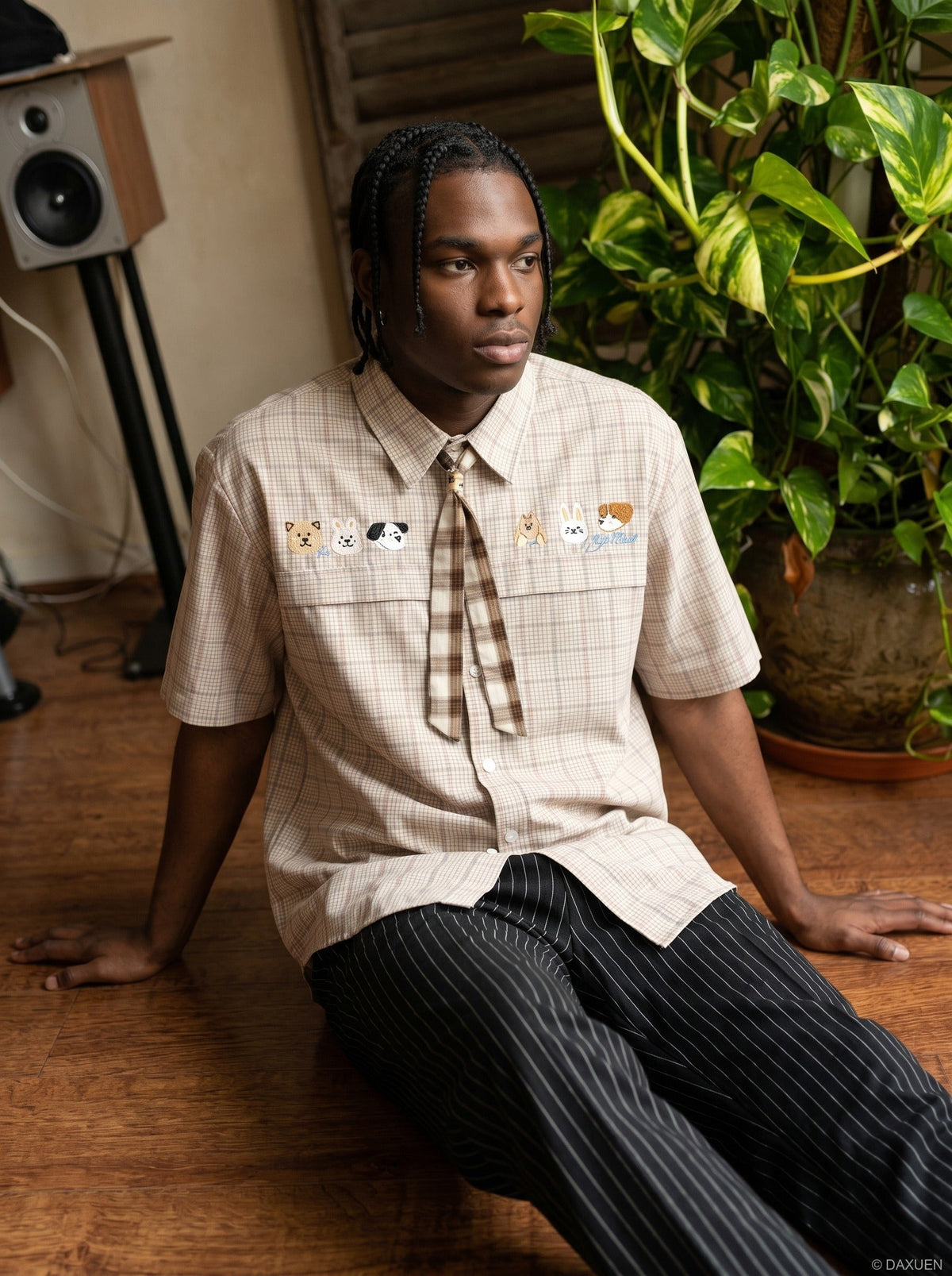 Cartoon-Embroidered Plaid Button-Up Shirt
