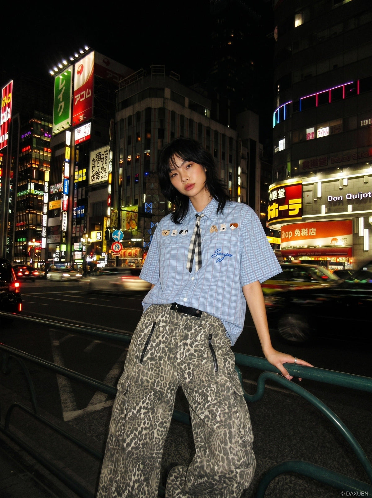 Cartoon-Embroidered Plaid Button-Up Shirt