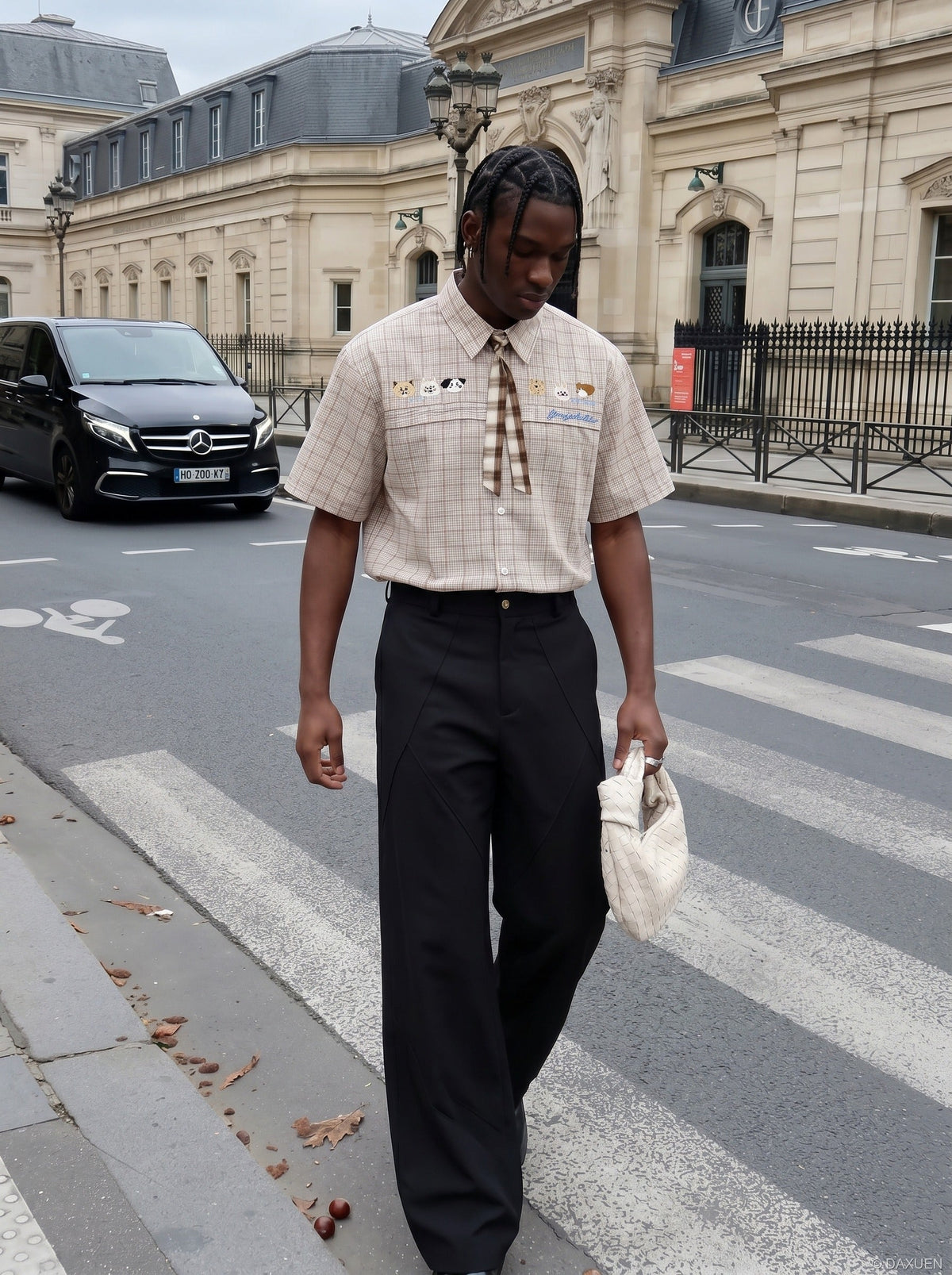 Cartoon-Embroidered Plaid Button-Up Shirt