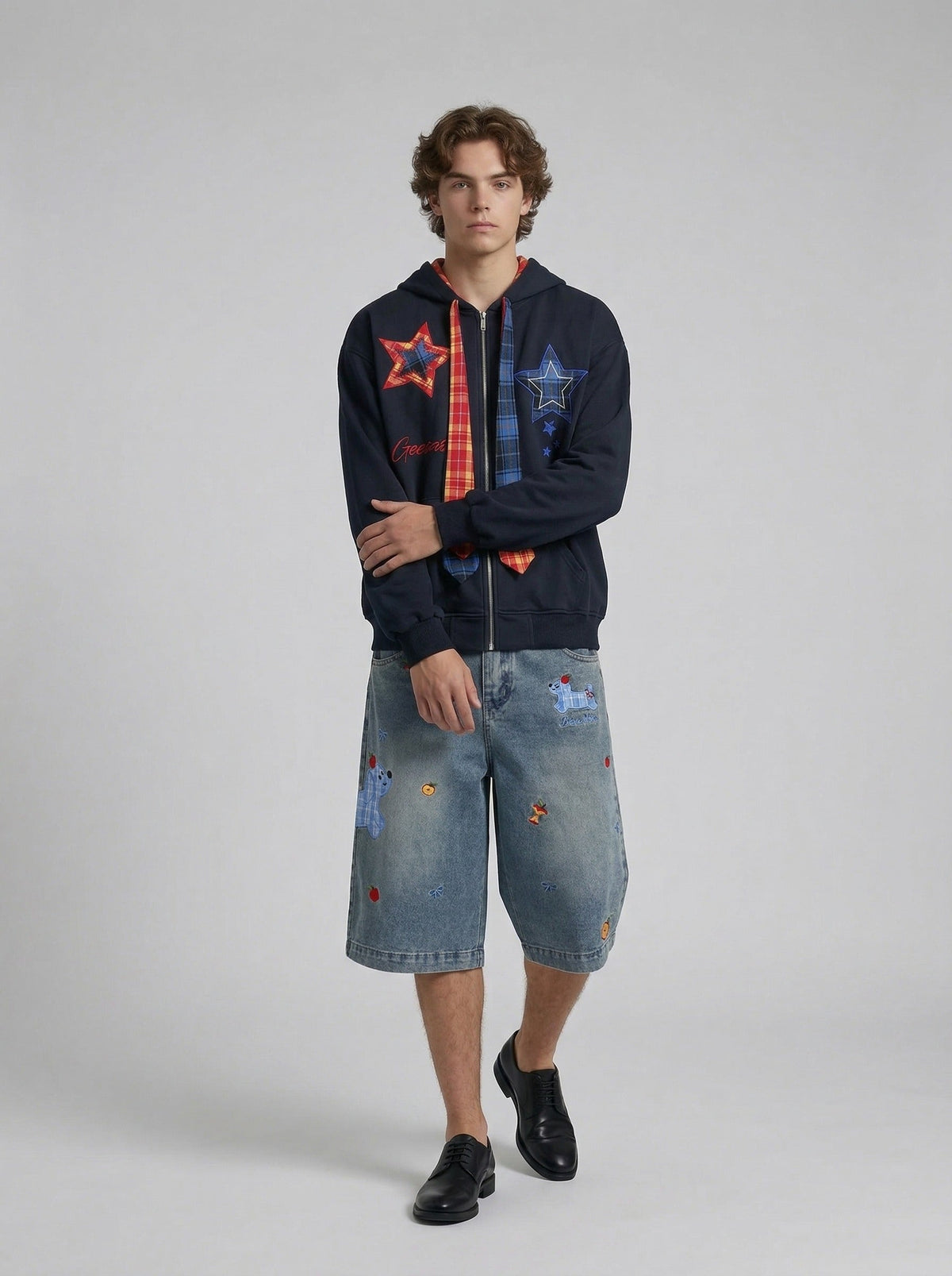 Cartoon Embroidered Wide-Leg Denim Shorts