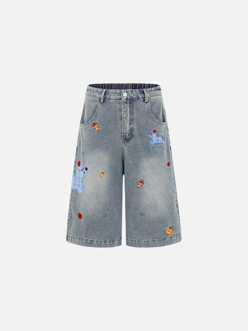 Cartoon Embroidered Wide-Leg Denim Shorts - Light Blue / S