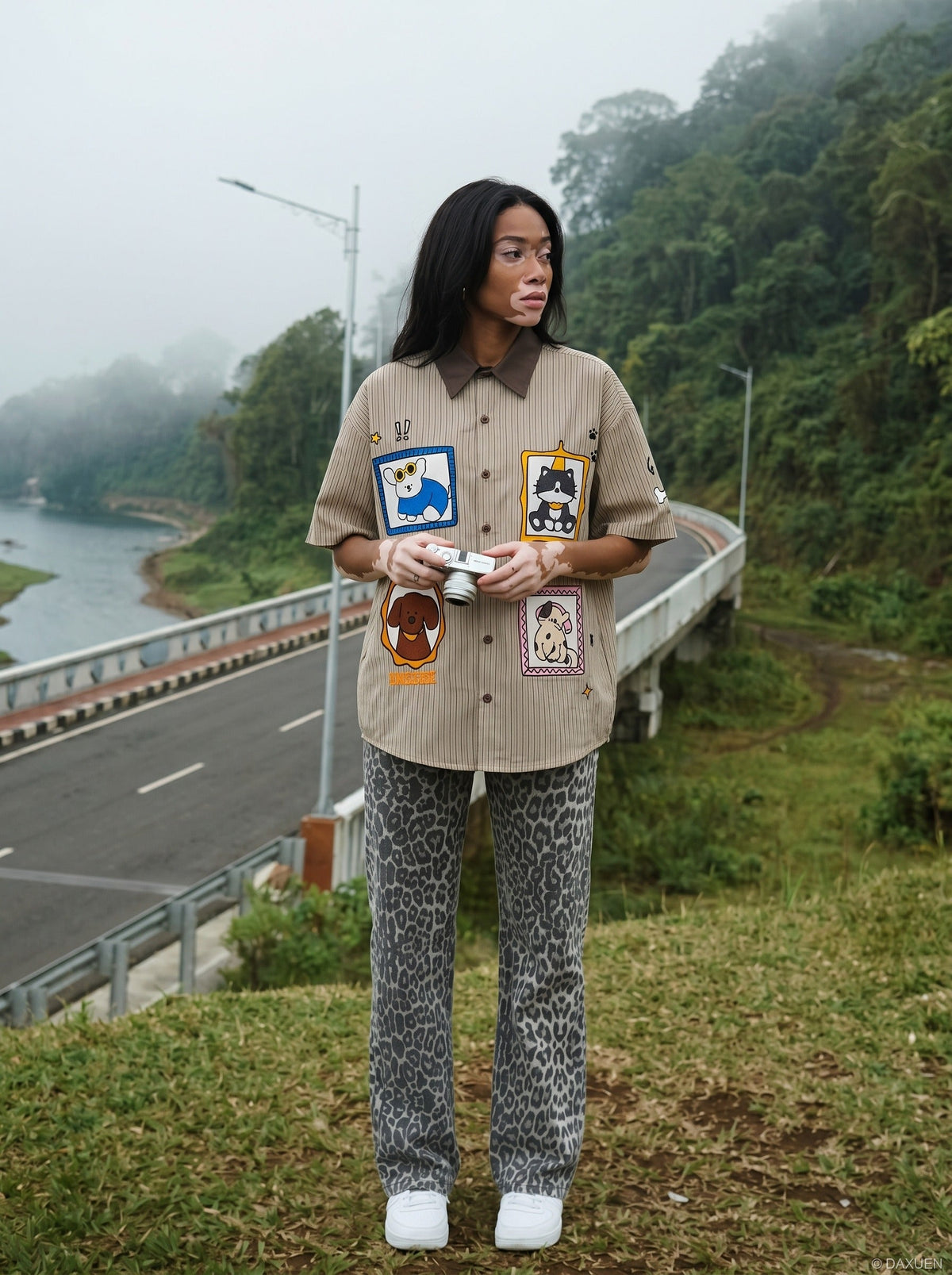 Cartoon Patches Vertical Stripe Shirt