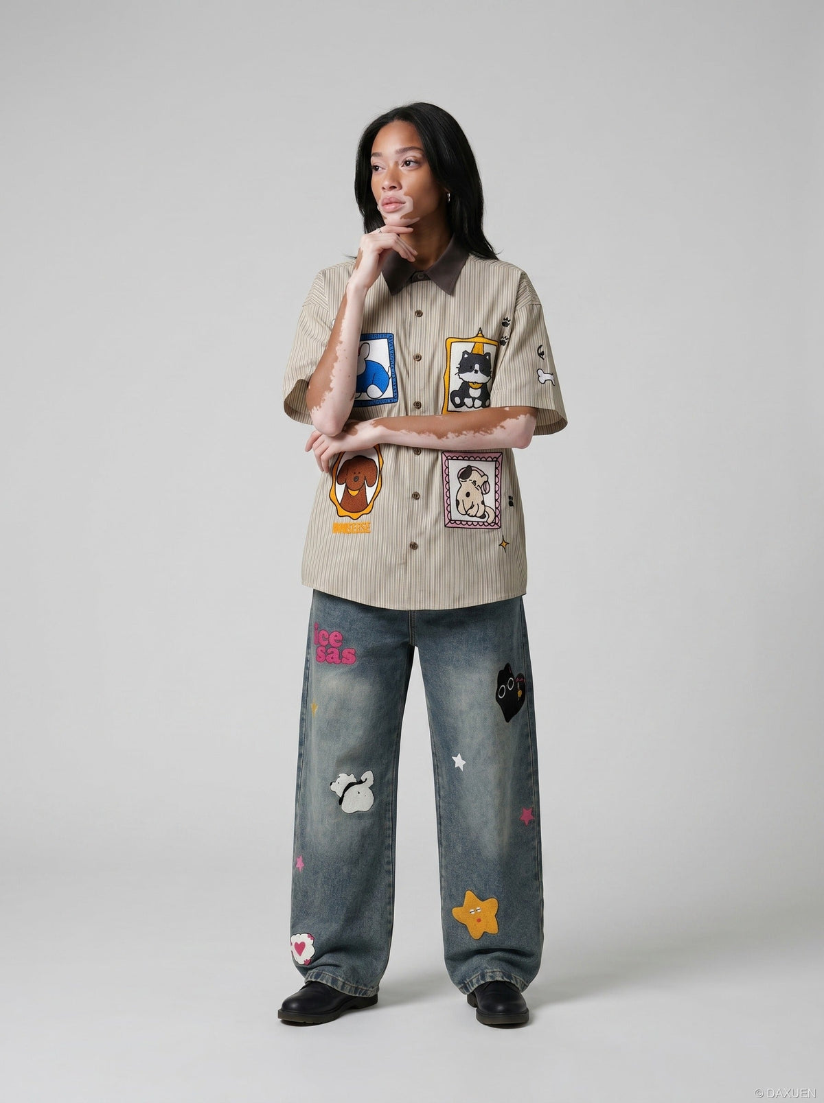 Cartoon Patches Vertical Stripe Shirt