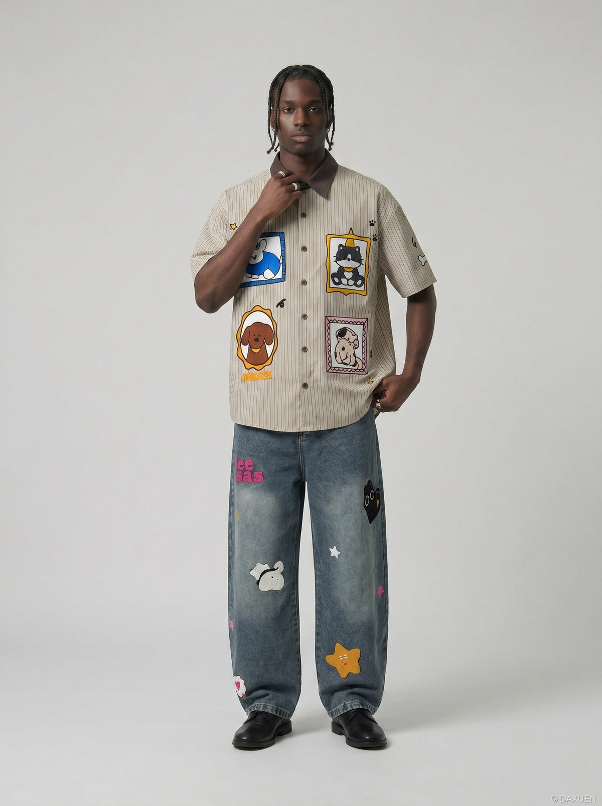Cartoon Patches Vertical Stripe Shirt