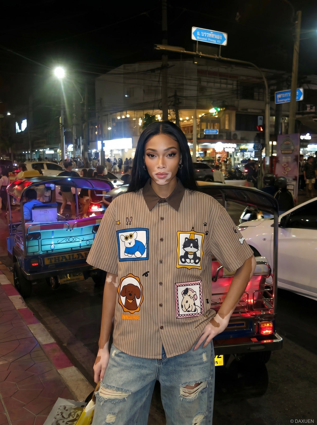 Cartoon Patches Vertical Stripe Shirt