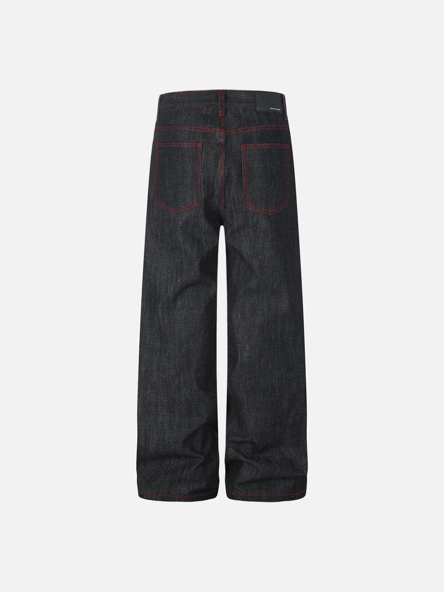 Charcoal Wide-Leg Jeans with Red Embroidery