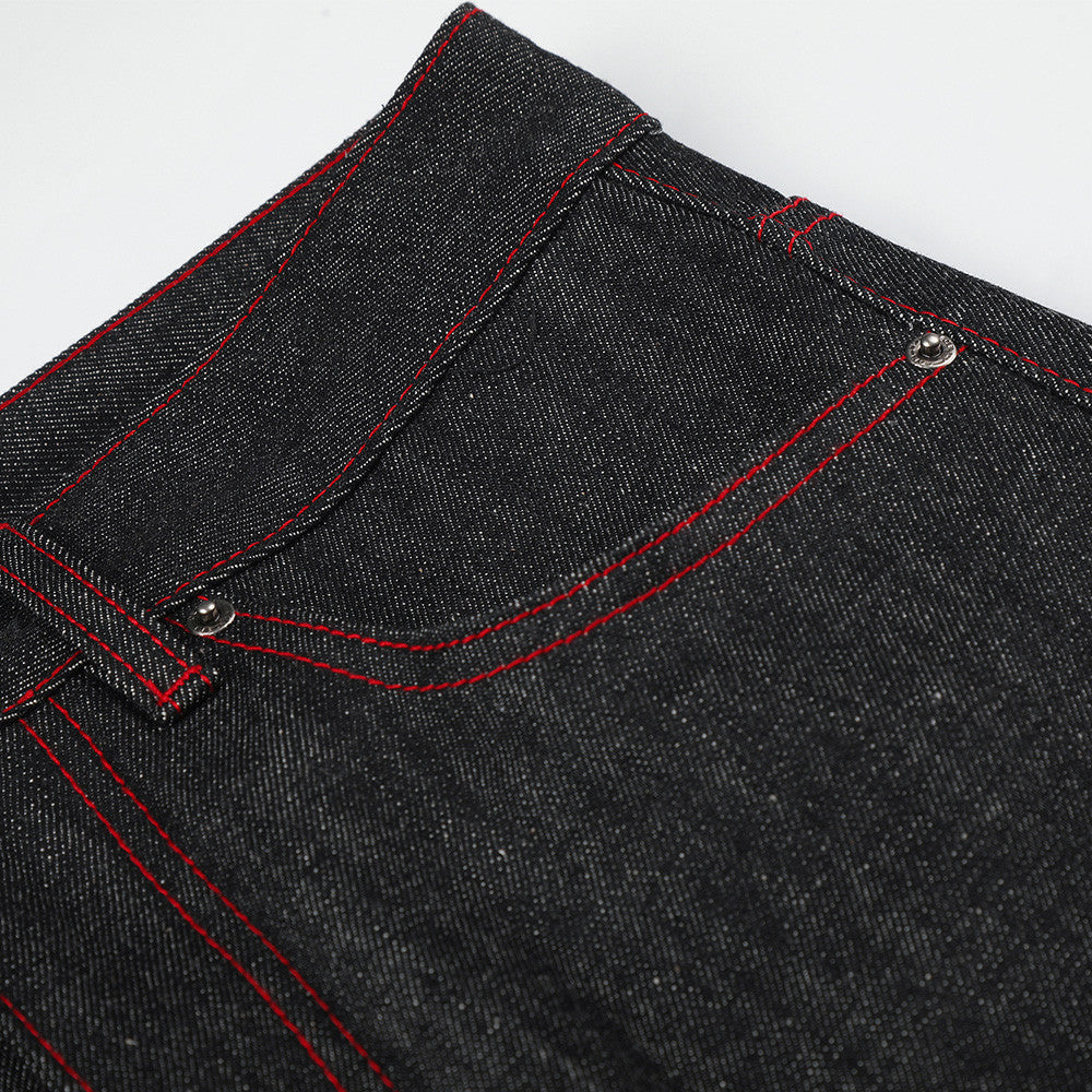 Charcoal Wide-Leg Jeans with Red Embroidery