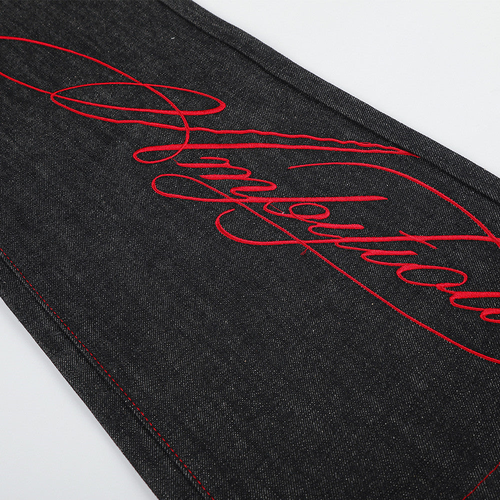 Charcoal Wide-Leg Jeans with Red Embroidery