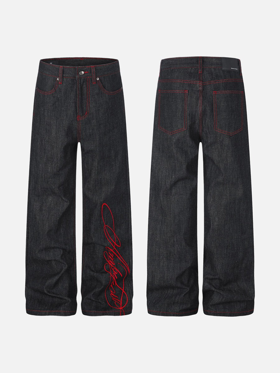 Charcoal Wide-Leg Jeans with Red Embroidery
