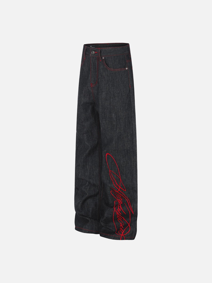 Charcoal Wide-Leg Jeans with Red Embroidery
