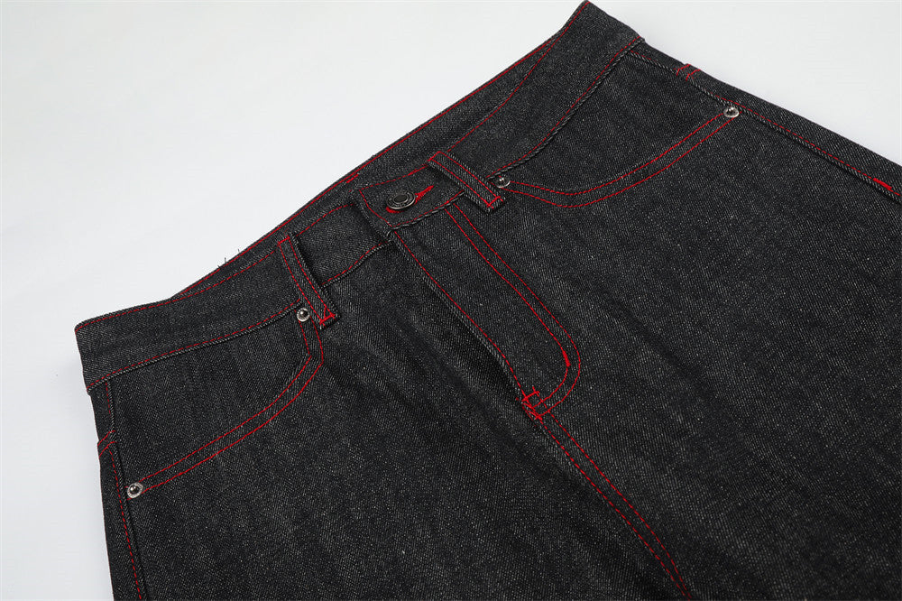 Charcoal Wide-Leg Jeans with Red Embroidery