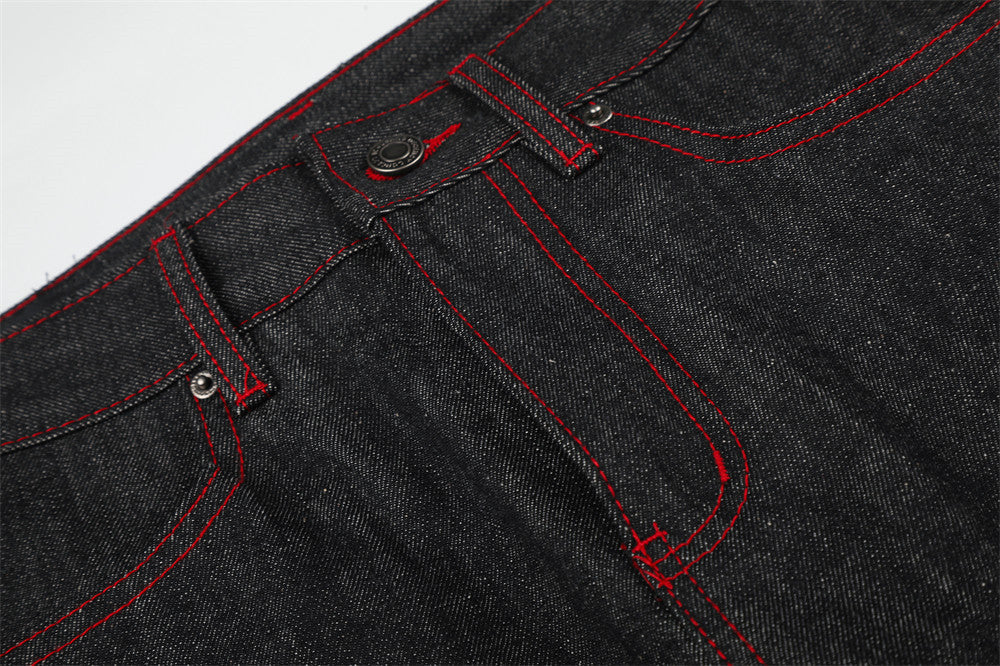 Charcoal Wide-Leg Jeans with Red Embroidery