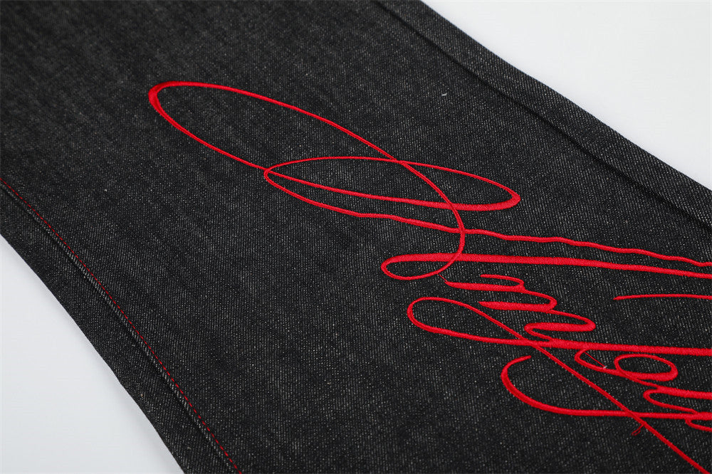 Charcoal Wide-Leg Jeans with Red Embroidery