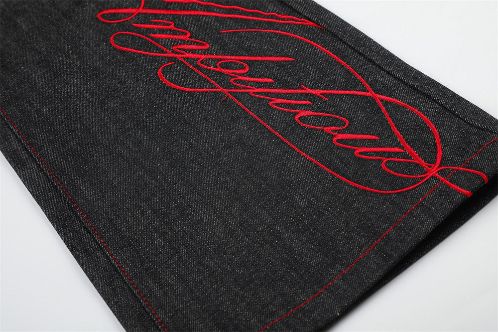 Charcoal Wide-Leg Jeans with Red Embroidery