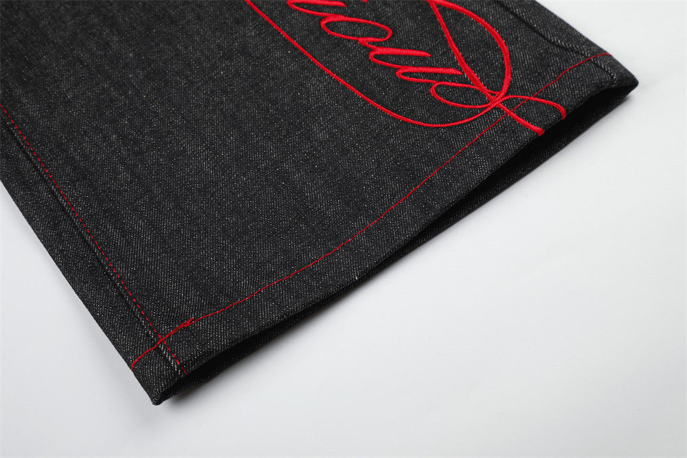 Charcoal Wide-Leg Jeans with Red Embroidery