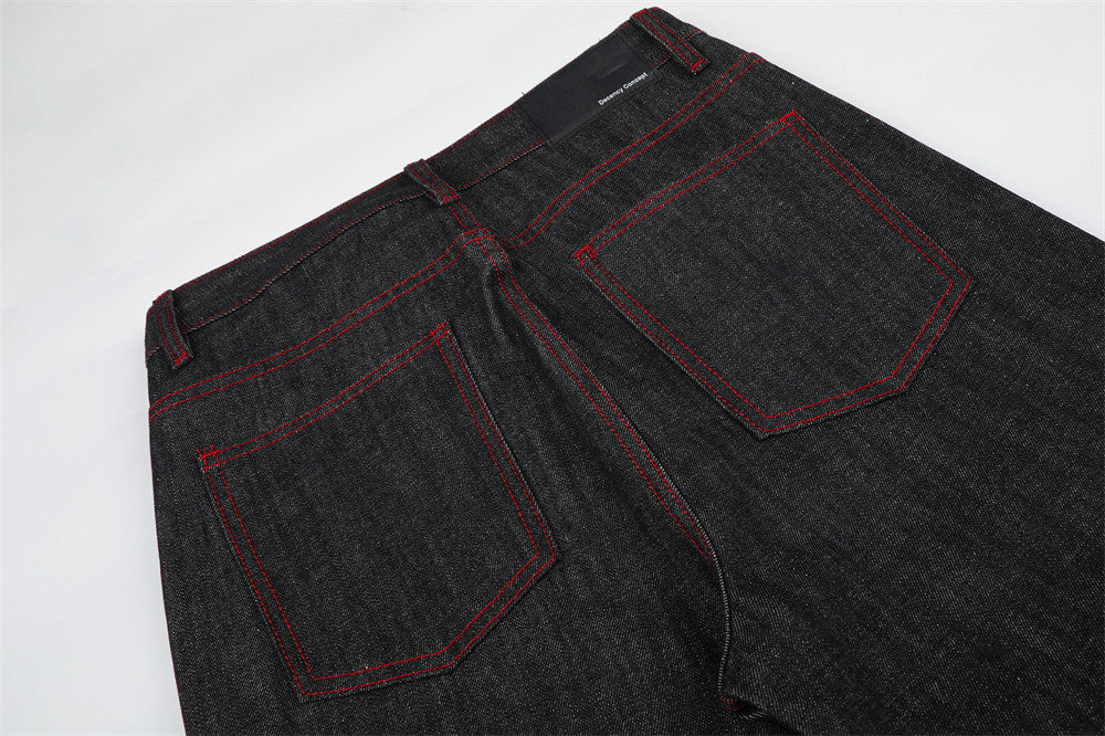 Charcoal Wide-Leg Jeans with Red Embroidery