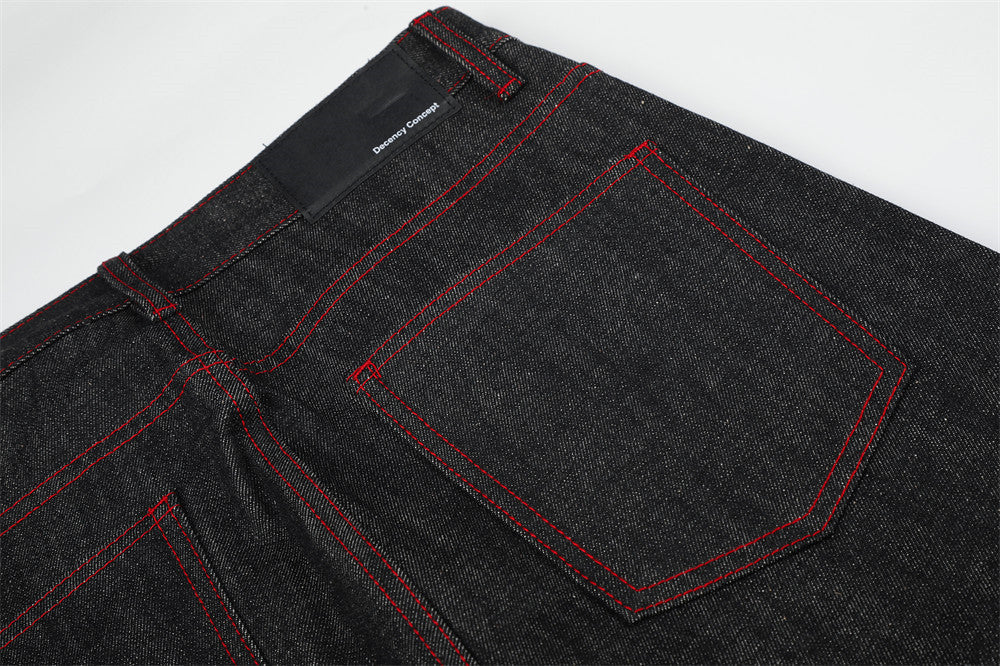 Charcoal Wide-Leg Jeans with Red Embroidery
