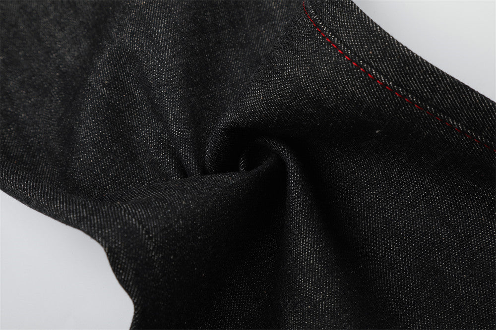 Charcoal Wide-Leg Jeans with Red Embroidery