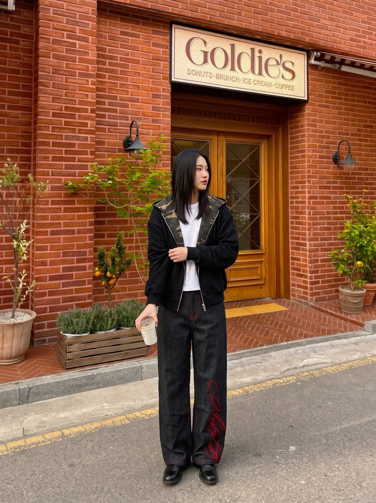 Charcoal Wide-Leg Jeans with Red Embroidery