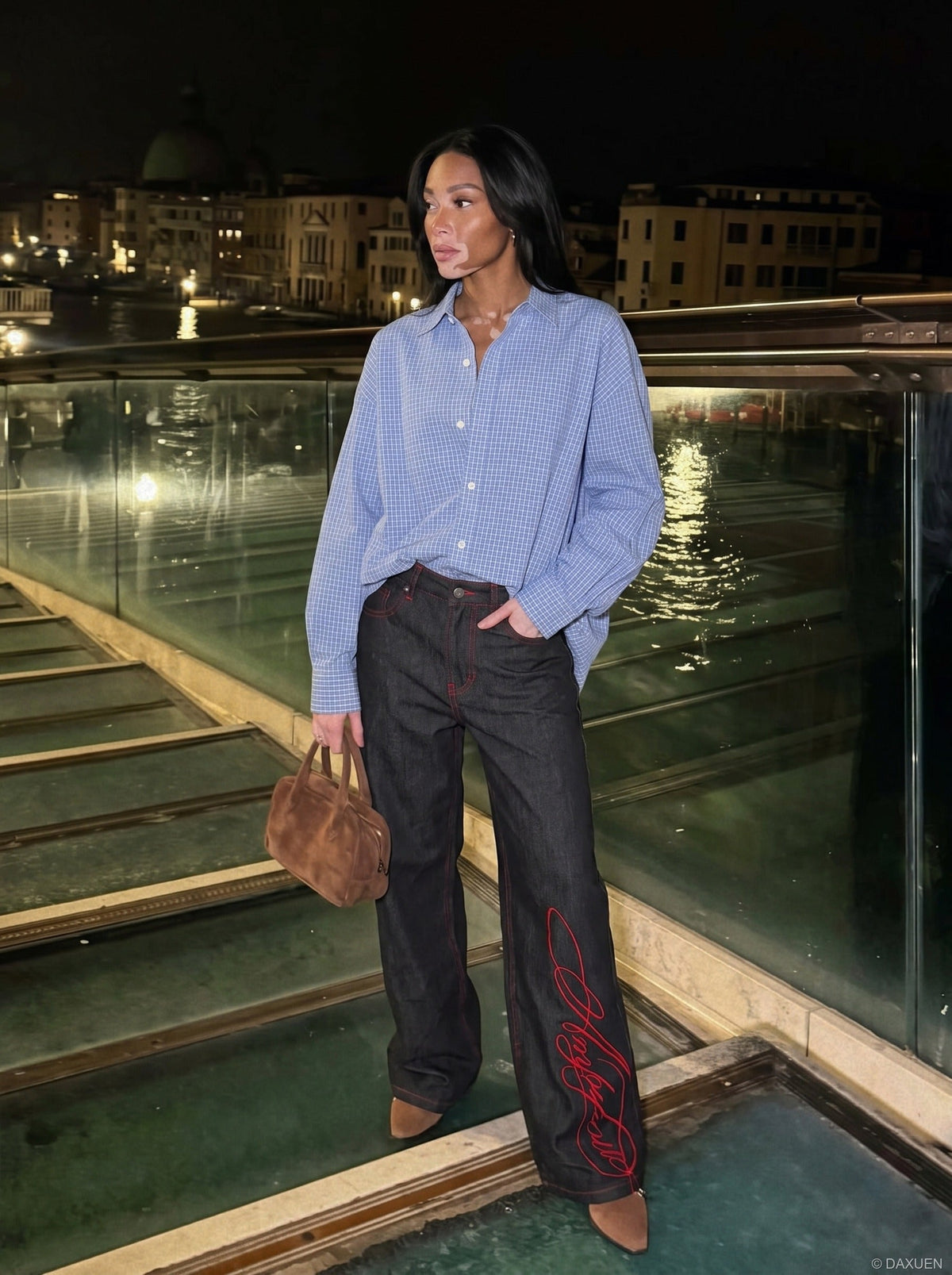 Charcoal Wide-Leg Jeans with Red Embroidery