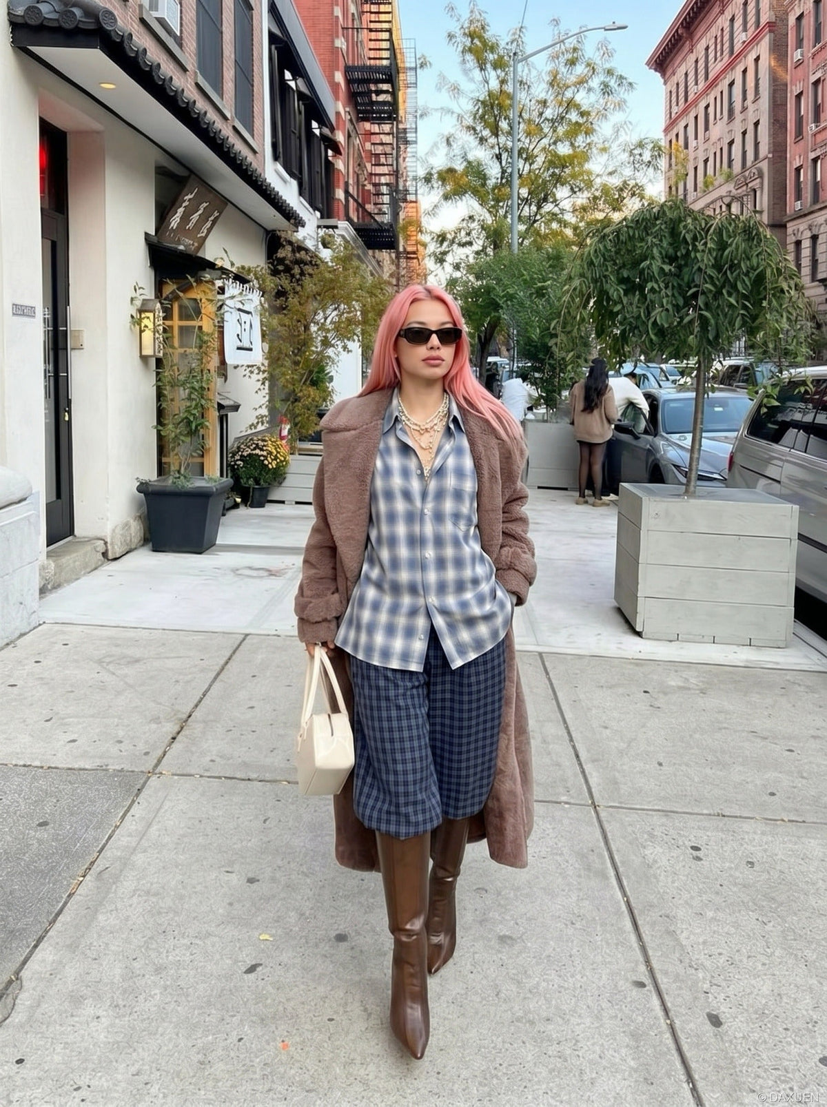 DAXUEN Long-sleeved plaid button-up shirt — model photo