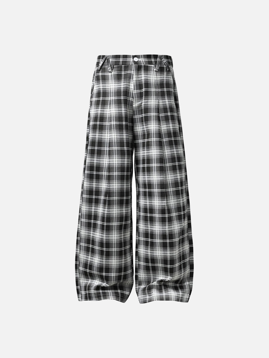 Classic Black and White Plaid Wide-Leg Trousers