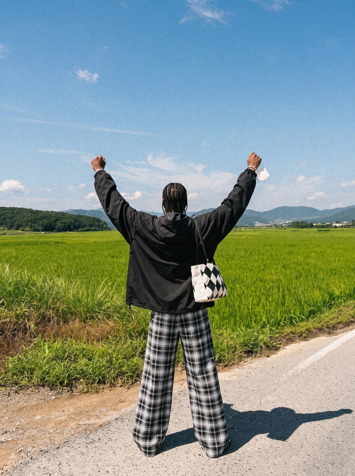 DAXUEN black and white plaid wide-leg trousers — model photo