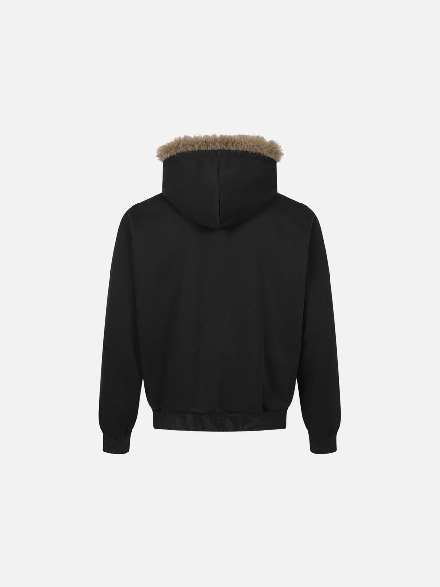 Collage Graphic Faux Fur Zip Hoodie