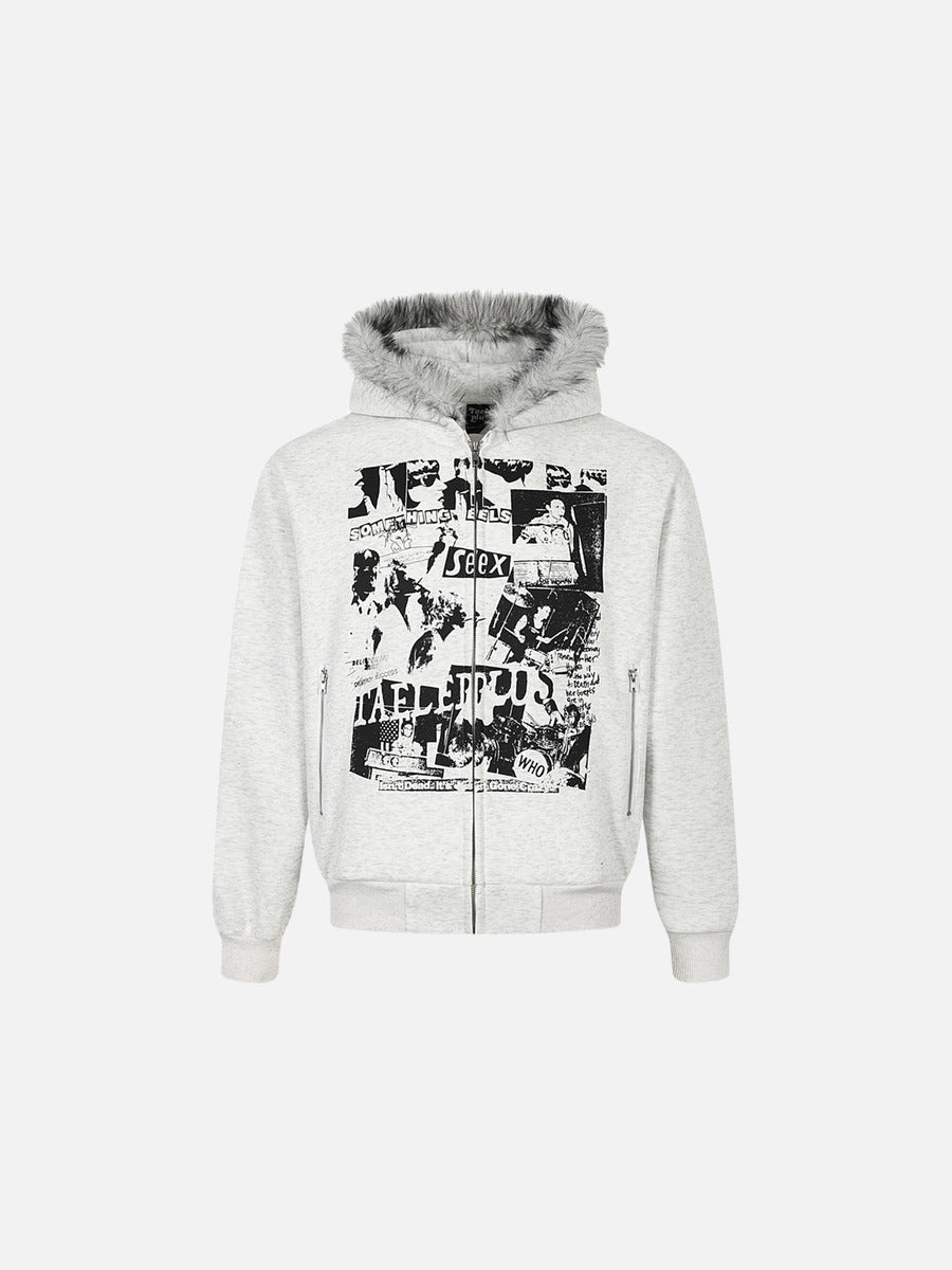 Collage Graphic Faux Fur Zip Hoodie