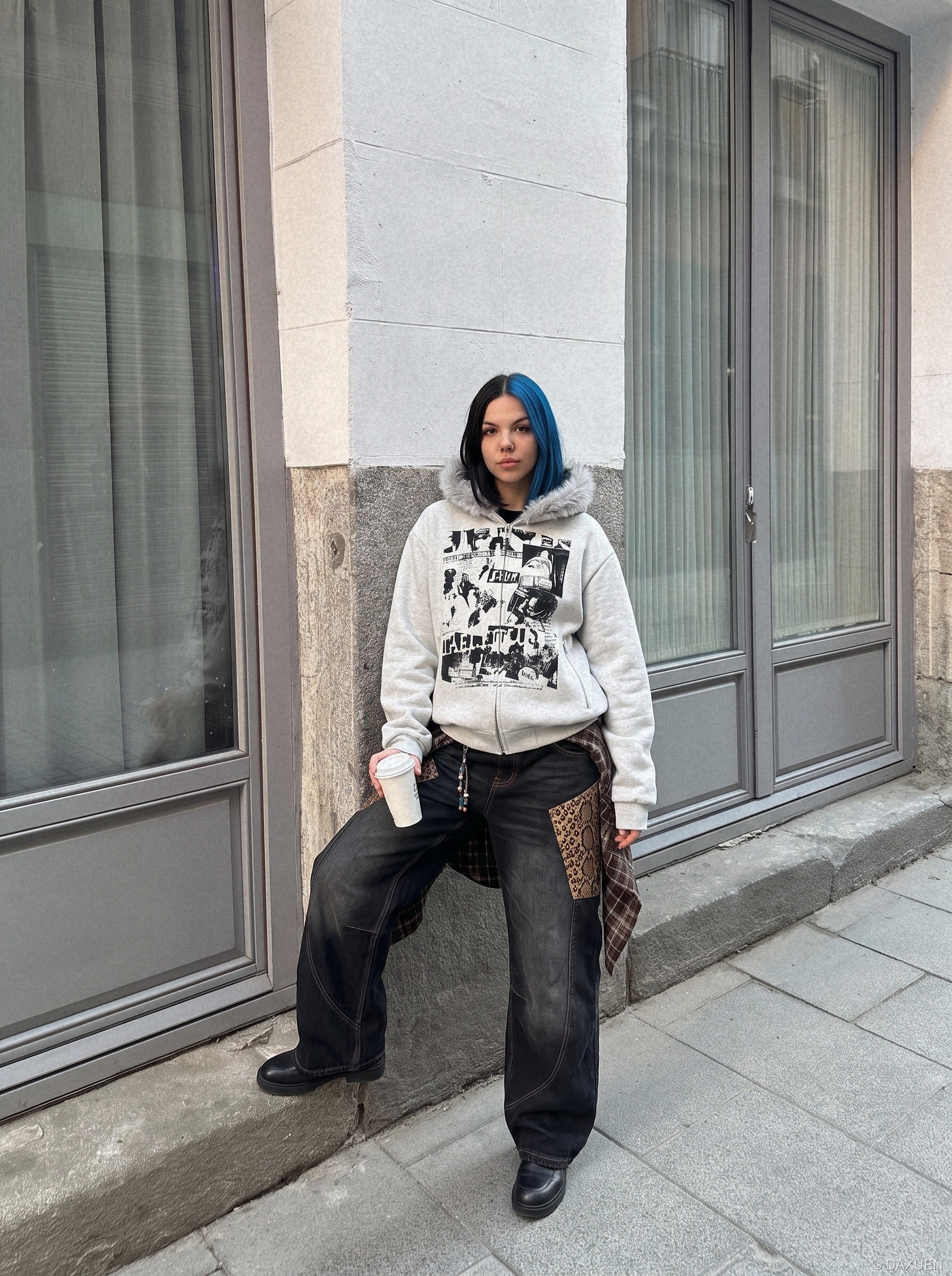 Collage Graphic Faux Fur Zip Hoodie