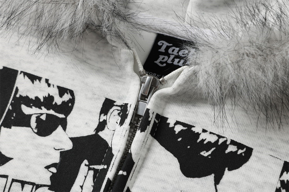 Collage Graphic Faux Fur Zip Hoodie