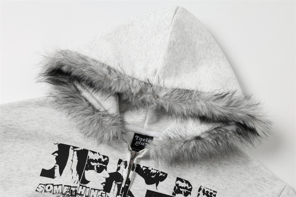 Collage Graphic Faux Fur Zip Hoodie