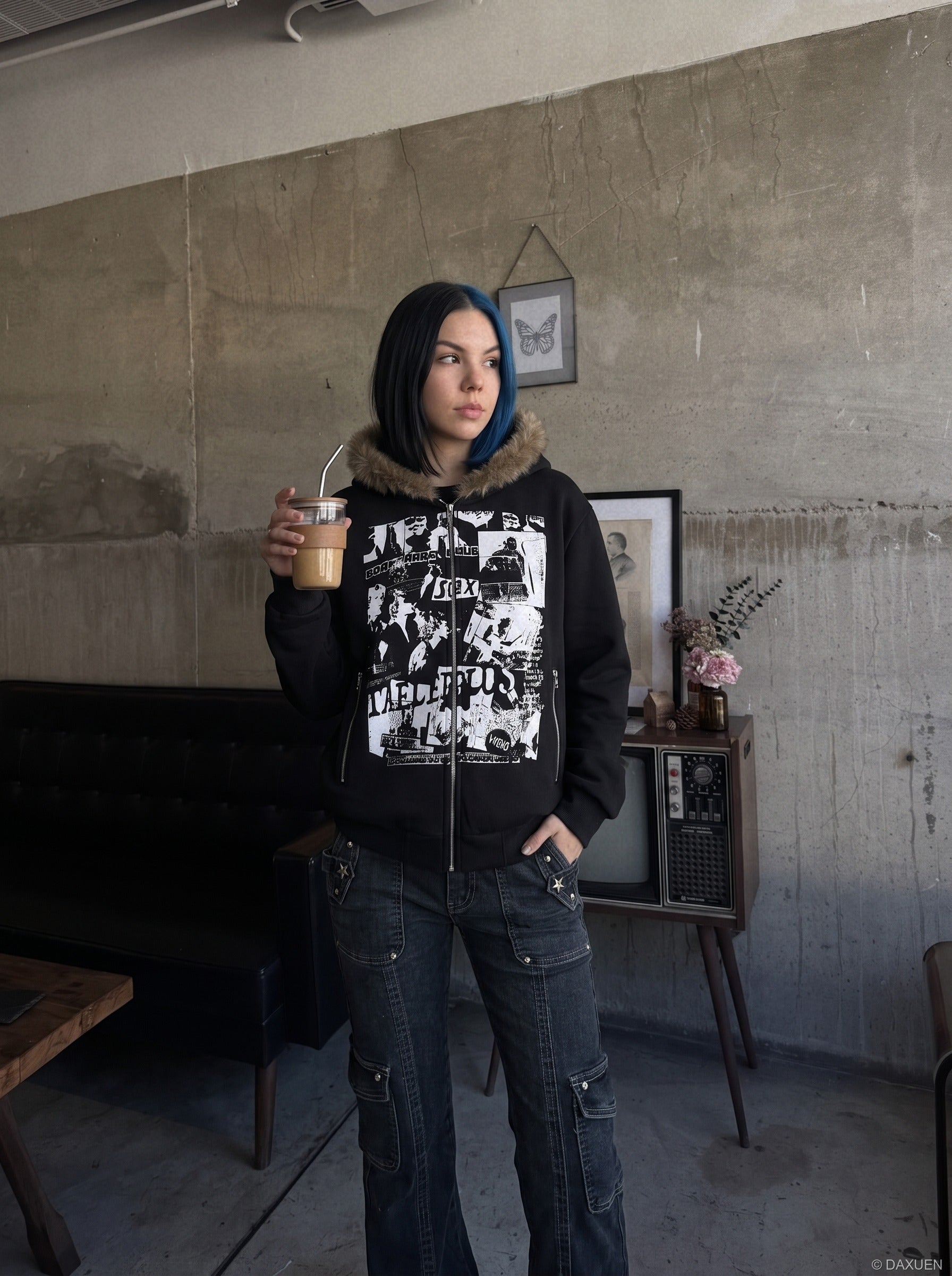 Collage Graphic Faux Fur Zip Hoodie