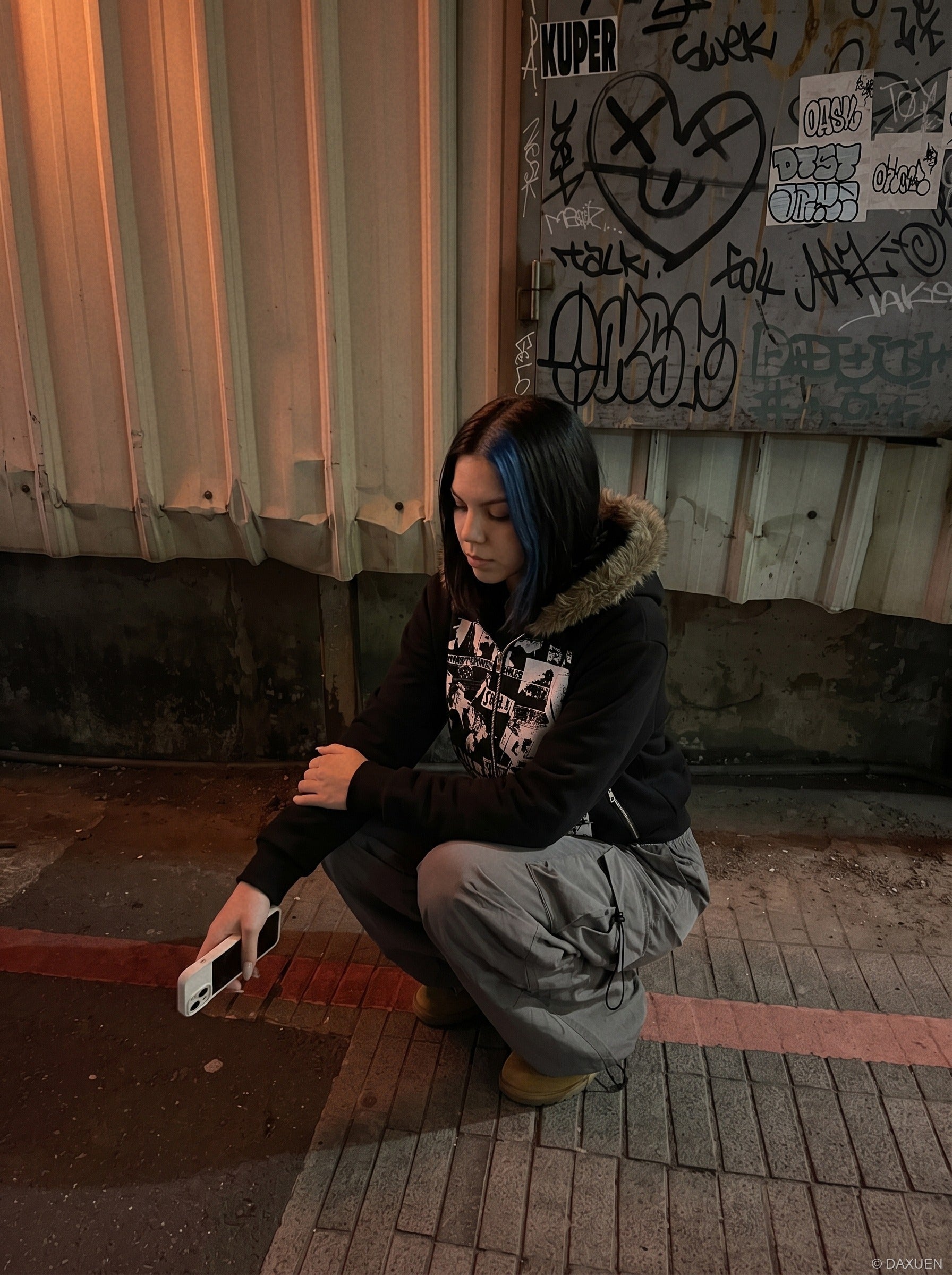 Collage Graphic Faux Fur Zip Hoodie