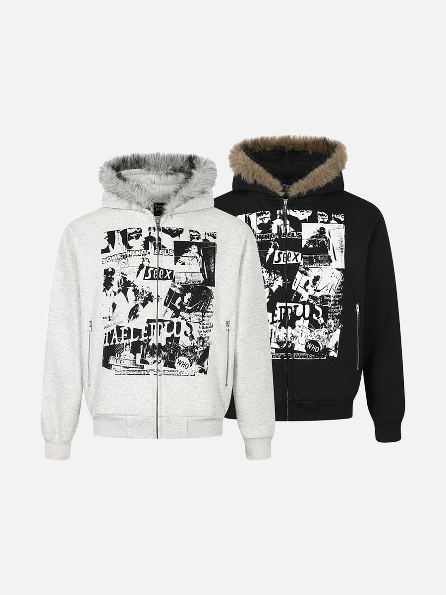 Collage Graphic Faux Fur Zip Hoodie