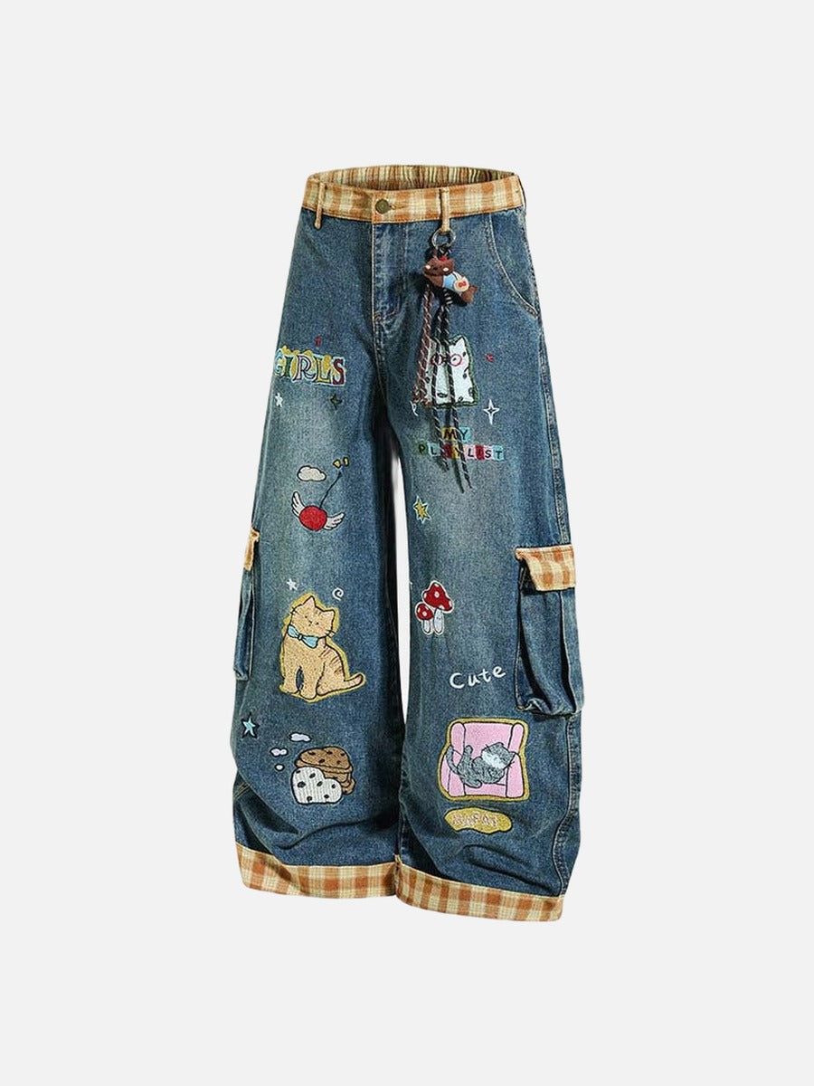 Colorful Wide-Leg Cargo Denim Pants