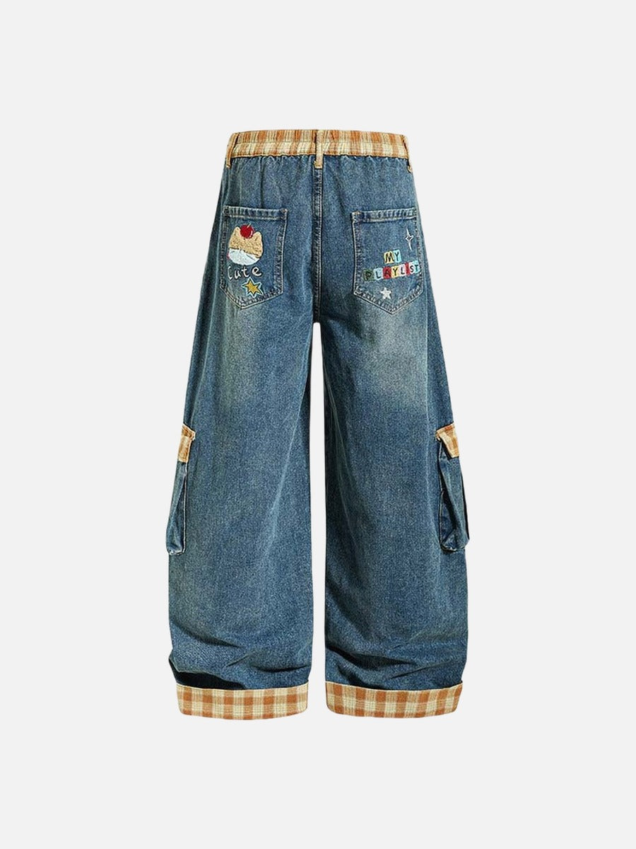 Colorful Wide-Leg Cargo Denim Pants