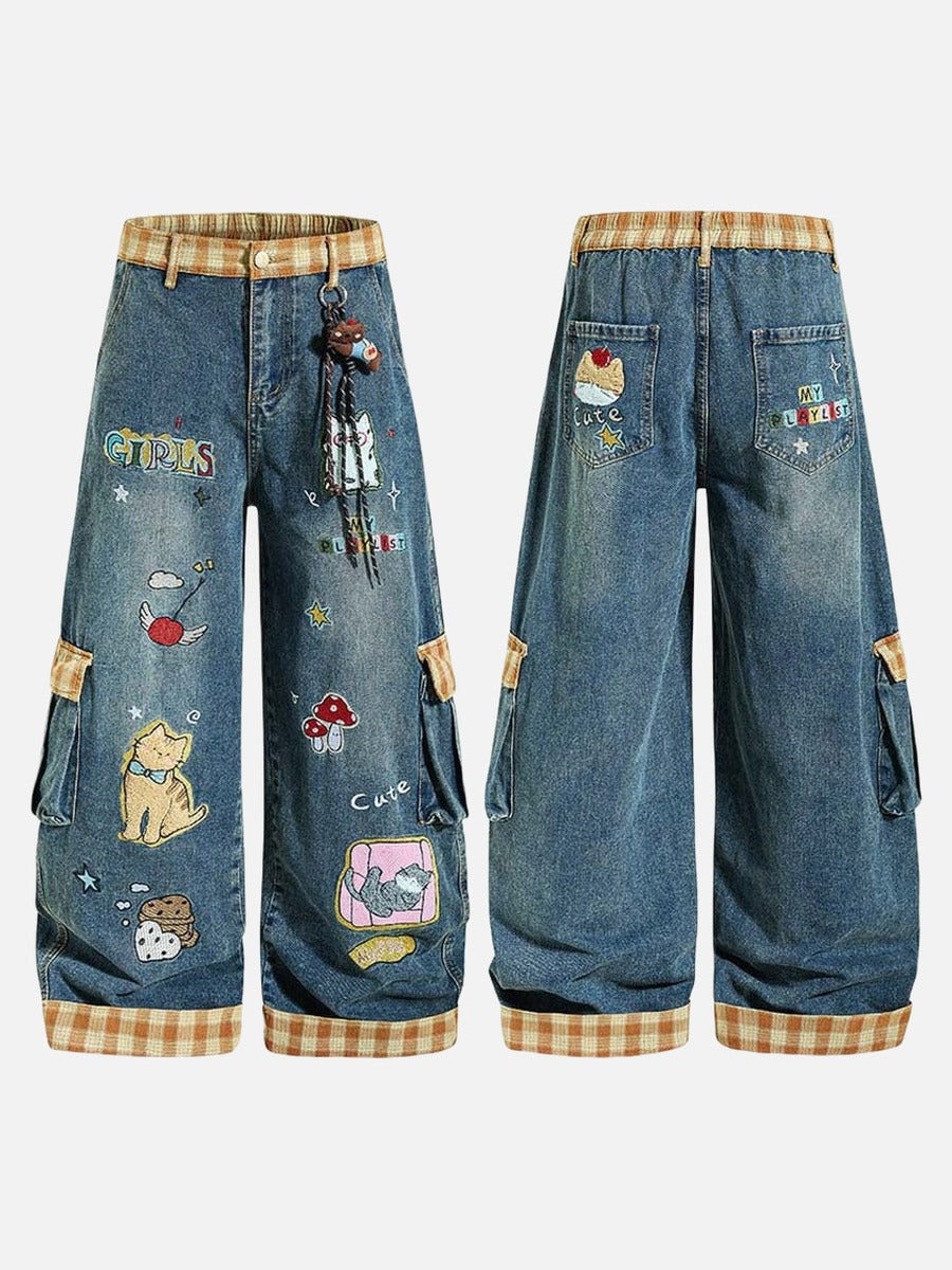 Colorful Wide-Leg Cargo Denim Pants