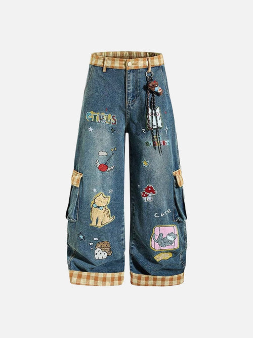 Colorful Wide-Leg Cargo Denim Pants - Blue / M