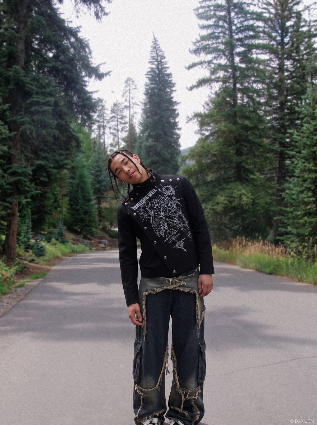 DAXUEN black relaxed jacket with angelic graphic — model photo