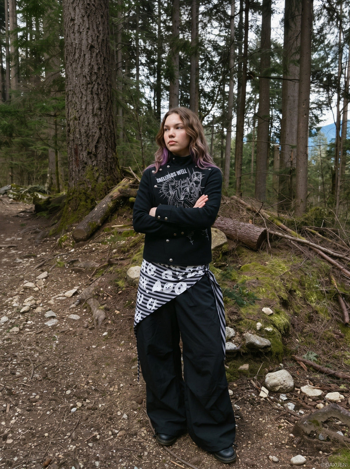 DAXUEN black relaxed jacket with angelic graphic — model photo