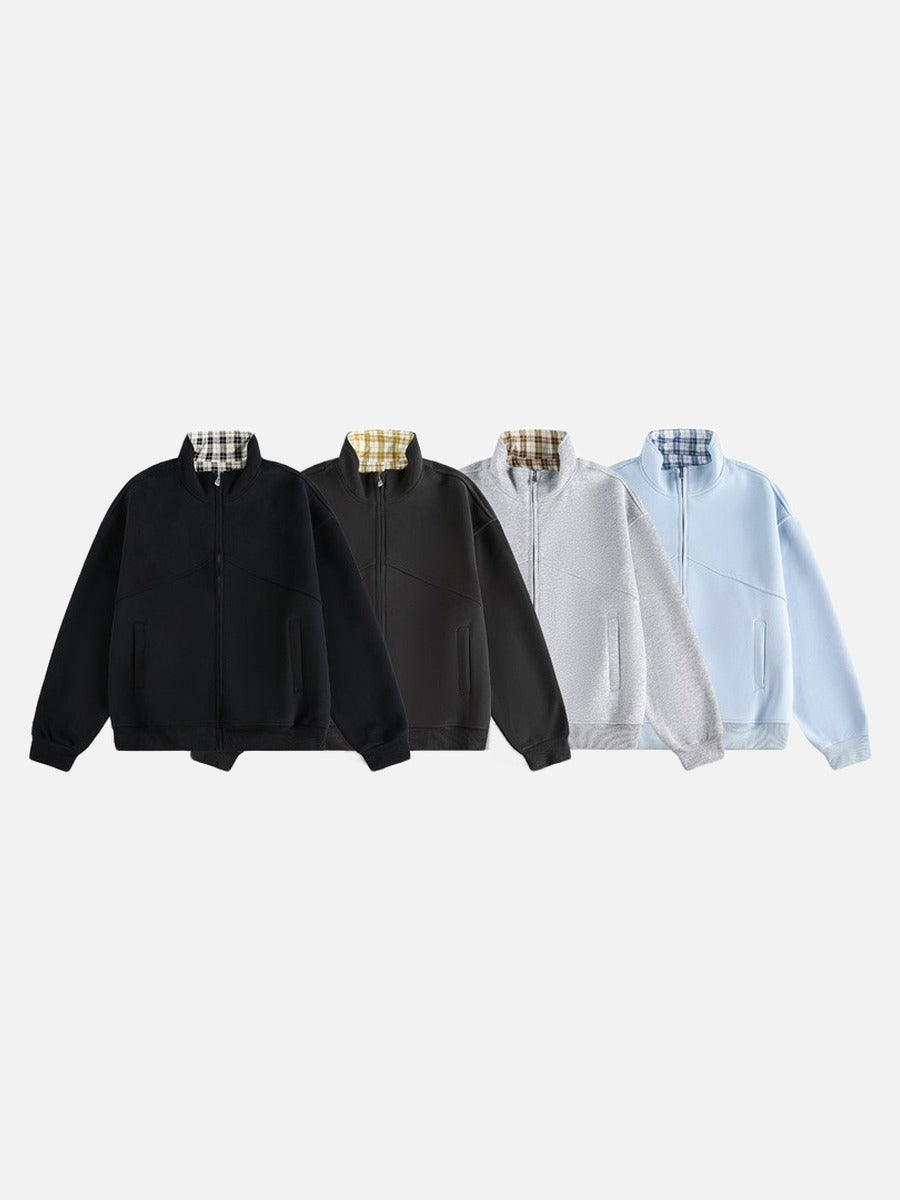 DAXUEN black contrast plaid mock neck zip-up jacket
