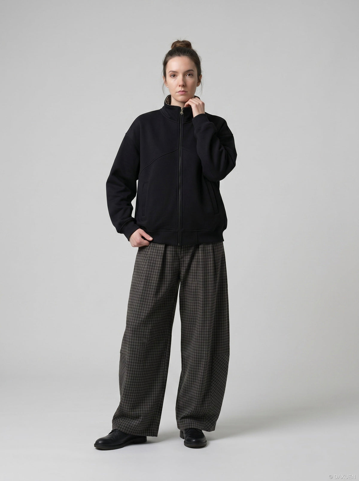 DAXUEN black contrast plaid mock neck zip-up jacket — model photo