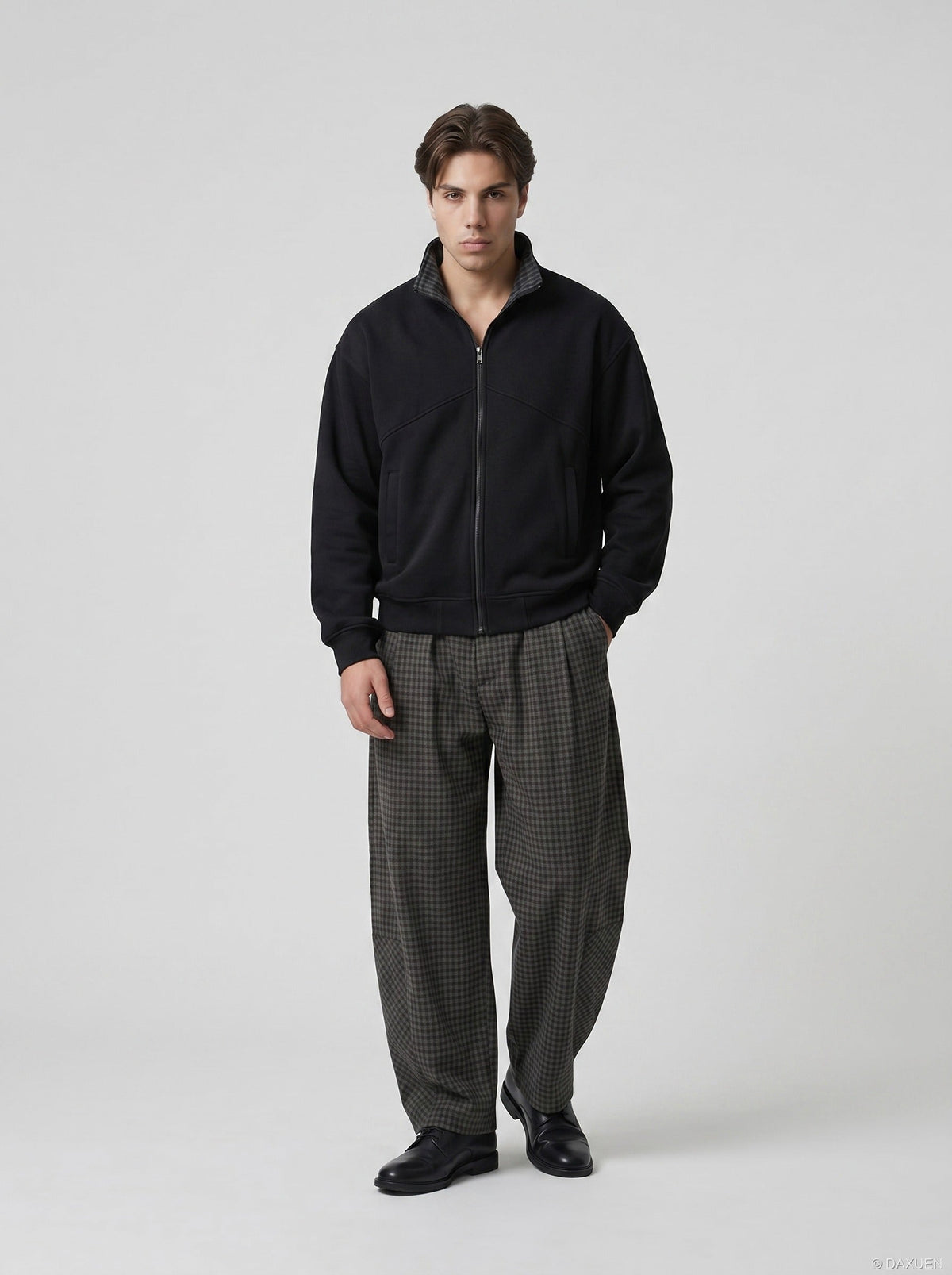 DAXUEN black contrast plaid mock neck zip-up jacket — model photo