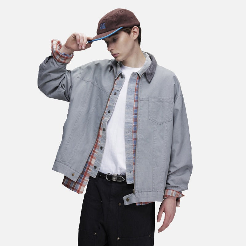 DAXUEN light grey contrasting corduroy collar boxy jacket